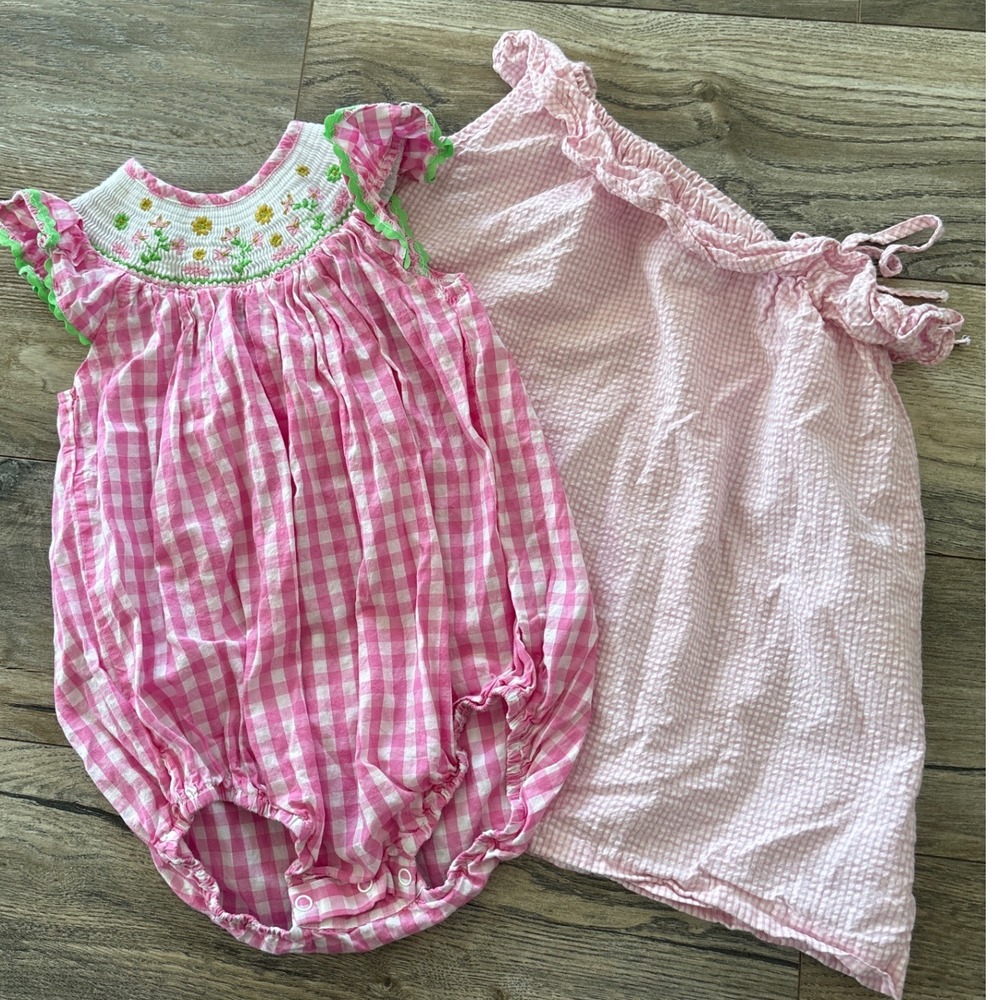 Lil Cactus Smocked Romper & Traveling Trunk Gingham Dress Bundle Pink 2T